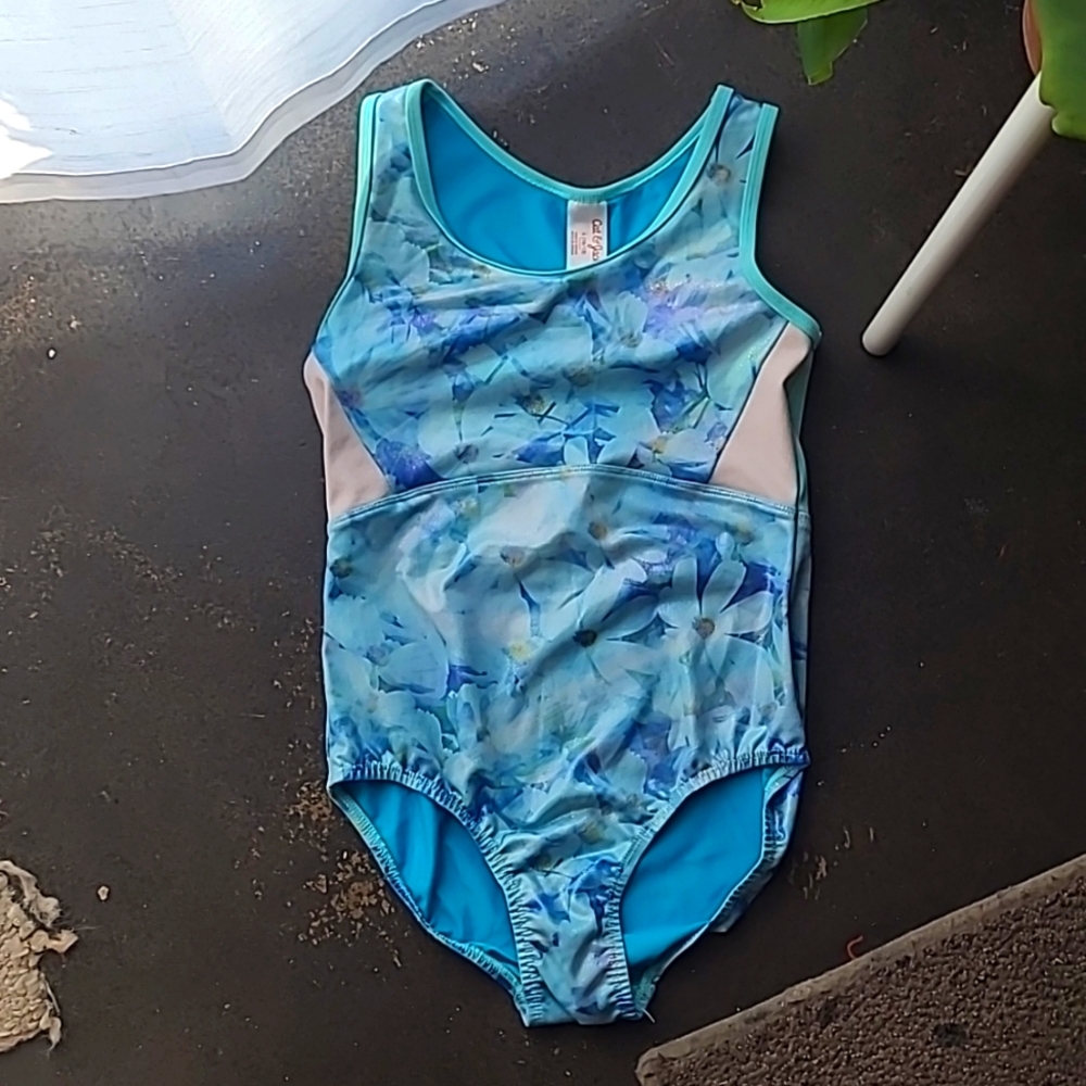Girls Leotard Floral Print Gymnastics Teal Size L 10/12